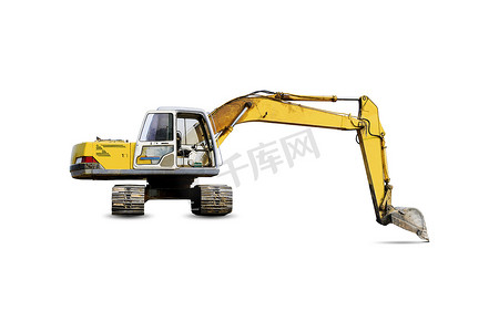 矢量施工车辆摄影照片_用于在白色背景下隔离的建筑行业的黄色挖掘机。