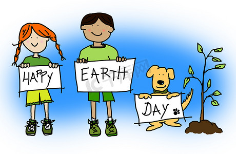 地球日海报摄影照片_孩子们和狗举着快乐地球日标语