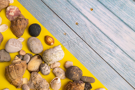 夏天主题背景摄影照片_蓝色木质背景和黄色背景上的石头和贝壳 海洋主题
