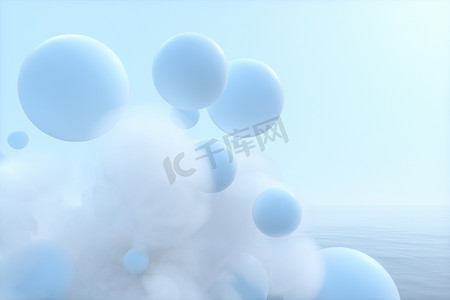 球和云漂浮在湖面上，宁静的场景，3d 渲染。