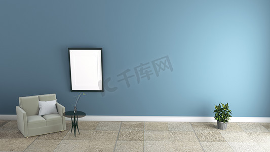 装饰空白背景墙摄影照片_客厅现代内部有扶手椅子的在深蓝色墙壁上。