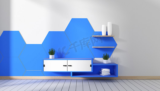 房间里的电视柜蓝色六边形瓷砖最小设计，禅宗风格。