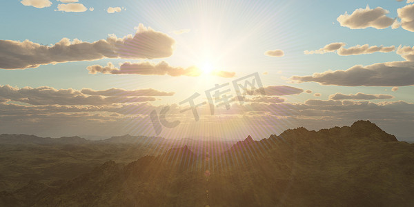 云彩3d摄影照片_在云彩日落的山全景。