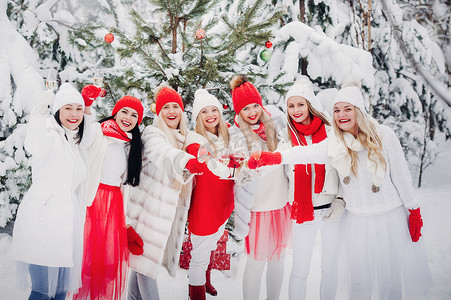 在红雪摄影照片_一大群手里拿着香槟的女孩站在冬天的森林里。穿着红白相间衣服的女孩在白雪覆盖的森林里喝着新年的饮料。