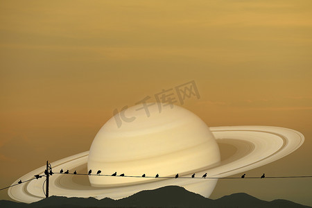 土星行星背面剪影鸟在电力电线和 m