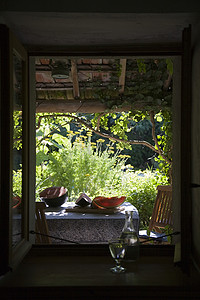 桌子上的水果与花园里的植物的景色