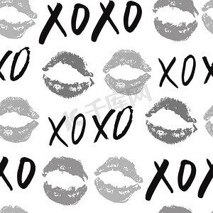 XOXO 刷字标志无缝图案、垃圾书法拥抱和亲吻短语、互联网俚语缩写 XOXO 符号、白色背景上孤立的矢量插图