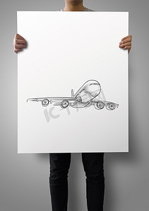 展示飞机手绘海报作为概念的人