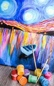 梵高风格绘画用水彩托盘、油画颜料、画笔套装和木制彩色铅笔