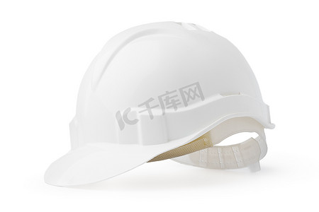 安全帽帽子摄影照片_孤立在白色背景上的白色塑料安全帽