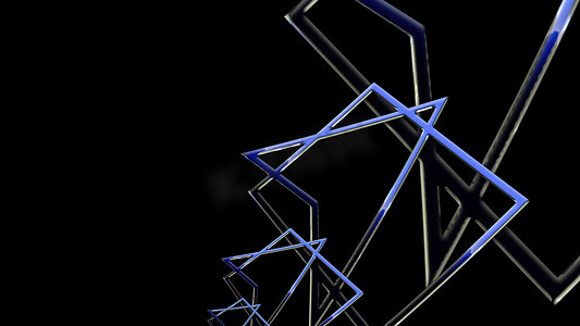 蓝色线条图案摄影照片_3d 插图-黑色背景上蓝色线条的三角形和几何图案