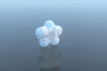 球和云漂浮在湖面上，宁静的场景，3d 渲染。