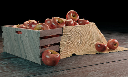 木箱中的红苹果，木质表面采用黑森织物。