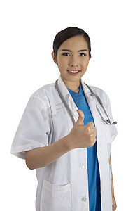 公共卫生服务摄影照片_女医生为卓越的医疗服务竖起大拇指。
