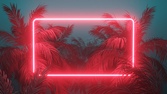 Retrowave 热带场景棕榈树和发光框架 3d 渲染