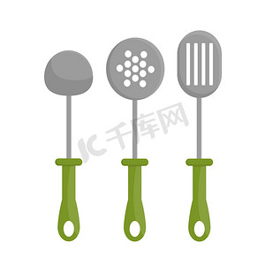 矢量图勺子摄影照片_三个矢量图，包括汤勺、厨房铲、带孔勺子