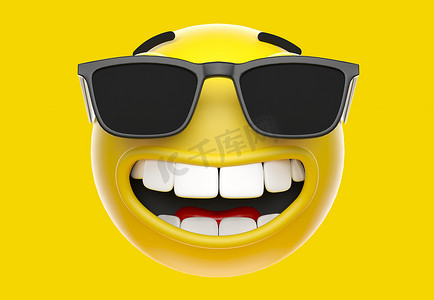 快乐的黄色表情符号微笑，戴着太阳镜，笑脸表情符号图标，3D 渲染
