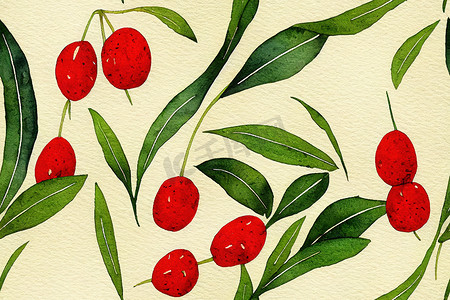 水彩草药图案与红色浆果、 绿叶和
