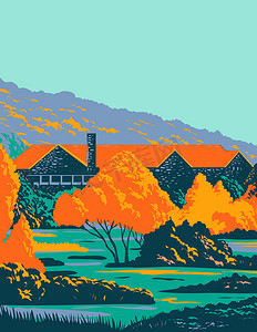 秋季 WPA 海报艺术期间有红色屋顶和树木的石头小屋
