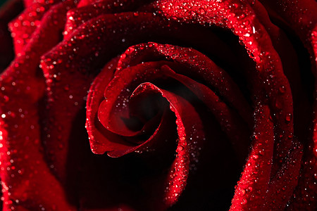 水滴中盛开的红玫瑰花蕾特写