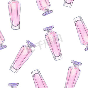 水彩手绘粉色香水瓶图案在白色背景上用于织物、纺织品、剪贴簿、包装纸、邀请函