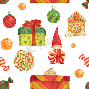 圣诞无缝水彩图案，配有姜饼、棒棒糖和白色礼物
