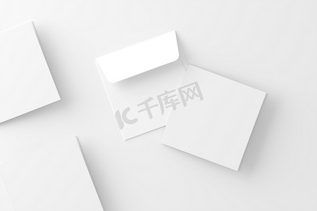贺卡折叠摄影照片_带信封白色空白 3D 渲染样机的方形折叠邀请卡