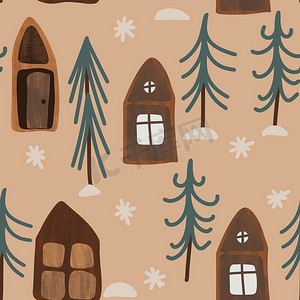 卡通手绘森林摄影照片_无缝手绘圣诞波西米亚图案与卡通房子在冷杉云杉树林中。