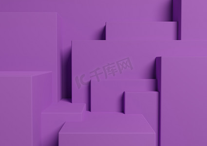 亮紫色、紫色 3D 渲染产品展示台或展台简单、简约、抽象、不对称背景或壁纸，用于产品摄影或广告城市剪影