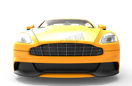 白色背景中孤立的黄色跑车前部：3D 渲染