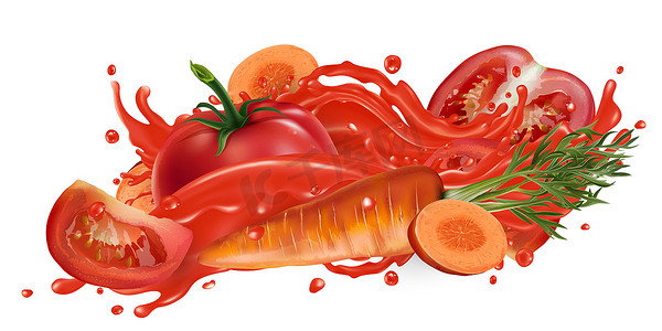 蔬菜汁飞溅中的西红柿和胡萝卜。