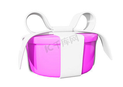 白色蝴蝶结摄影照片_逼真的 3D 礼品粉色盒子和白色白色蝴蝶结