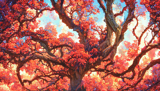 3D 渲染非常巨大的橡树，叶子颜色为深红色。