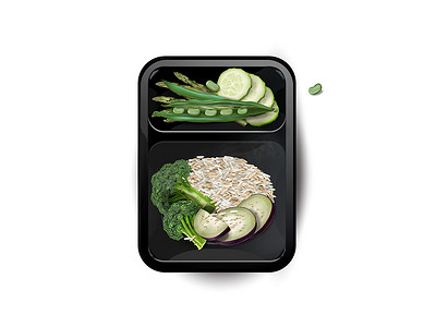 饭盒便当摄影照片_饭盒里放着米饭和蔬菜。