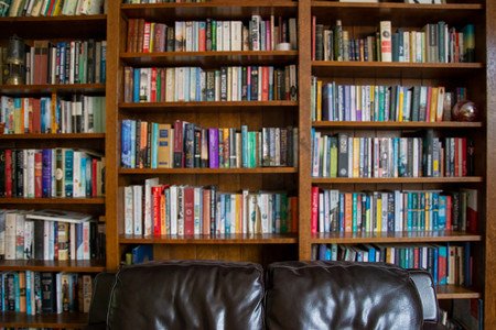 英国家庭环境中的木制书柜里装满了模糊的书籍