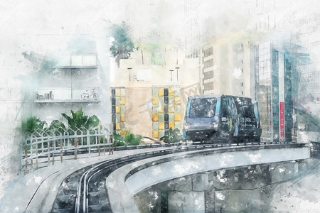 迈阿密市中心车站地铁移动列车的水彩画插图。 