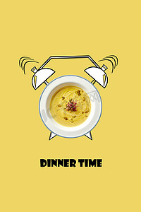 白碗热汤和闹钟手绘插图在黄色背景上。