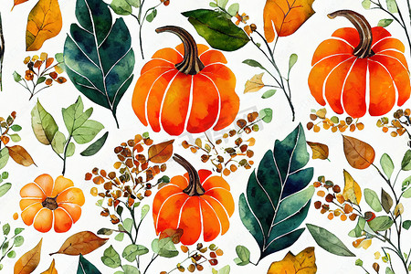 水彩秋季无缝图案与白色和橙色南瓜