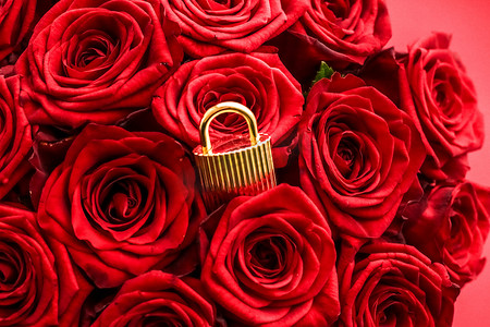 情人节玫瑰金摄影照片_情人节卡片的爱锁、金挂锁和红色背景的豪华玫瑰花束