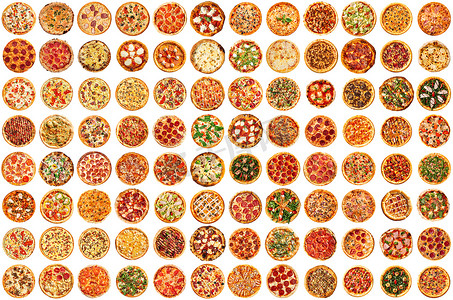 孤立的各种披萨组拼贴
