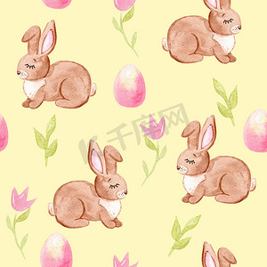 邀请函水彩摄影照片_水彩复活节棕色兔子和粉红色鸡蛋在黄色背景上的无缝图案，用于织物、纺织品、剪贴簿、包装纸、邀请函