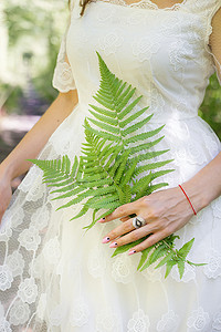 一件白色礼服的女孩，拿着绿色蕨叶在森林里