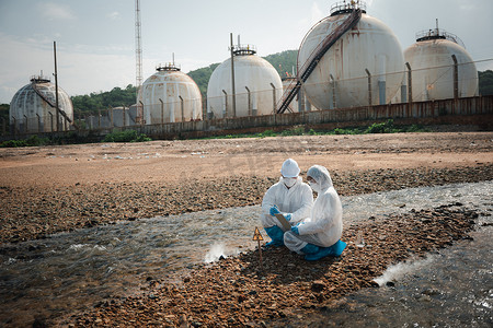 生物学家穿防护服和面具从工业收集废水样本