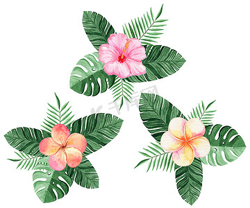 邀请函水彩摄影照片_水彩热带树叶和花朵组合物设置在白色背景上隔离，用于邀请函和卡片装饰