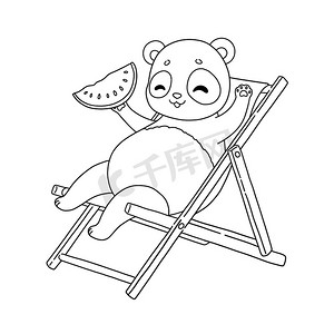 动物园熊猫摄影照片_夏季熊猫在躺椅西瓜着色