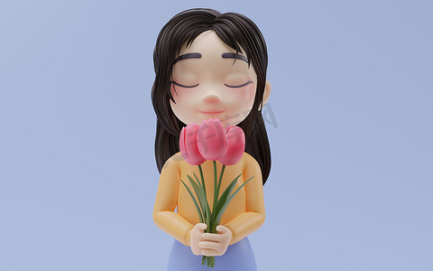 小女孩手里拿着花，卡通风格，3D 渲染。