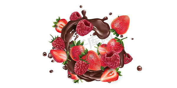 新鲜的草莓和覆盆子以及飞溅的液体巧克力。