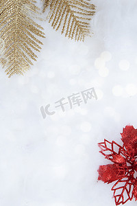 金色雪花背景图摄影照片_冬季垂直背景，金色树枝和红色一品红闪闪发光，散景，复制空间圣诞节和新年背景