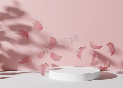 飞舞的粉色花瓣摄影照片_白色讲台，粉红色背景上有飞舞的花瓣。 