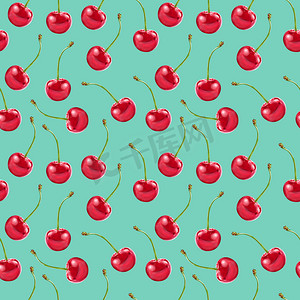 绿色食物插图摄影照片_蓝绿色背景上的插图现实主义无缝图案浆果红樱桃